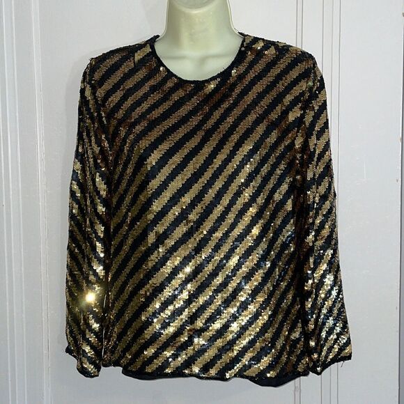 Vtg gold & black sequin striped dressy long sleeve blouse - Picture 1 of 11